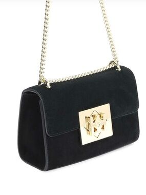 Black Suede Shoulder Bag with Gold Chain and Turn-Lock